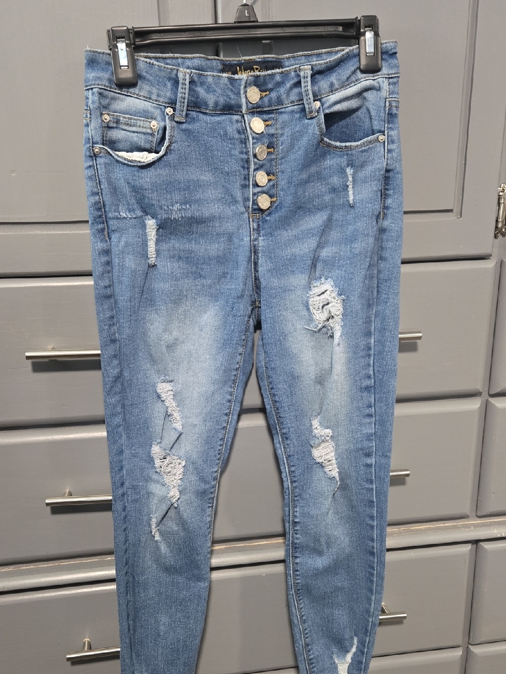 Indigo Rein Distressed Button-Front Skinny Jeans - Blue